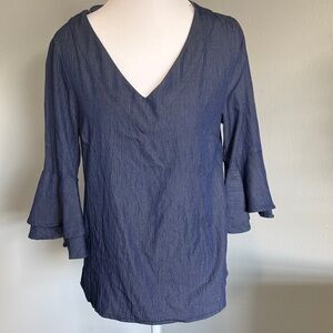 NAÏF denim appearance V-Neck Ruffle Sleeve Top cottagecore bell sleeves